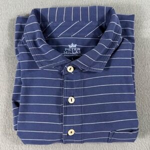 Peter Millar Mountainside Navy Striped Golf Polo Shirt Mens L Pocket Preppy